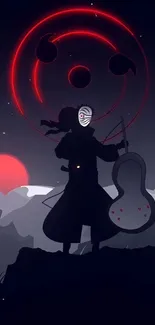 Silhouette of a ninja with a red moon and dark sky background.