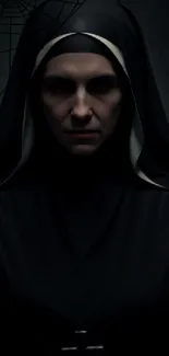 Mysterious dark nun wallpaper in gloomy lighting.