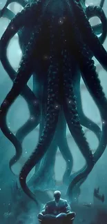 Underwater scene featuring a giant octopus and a mysterious figure.