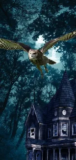 Owl flying above a haunted house with a moonlit forest in the background.