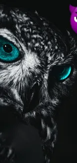 Dark owl with turquoise eyes and purple emoji on black background.