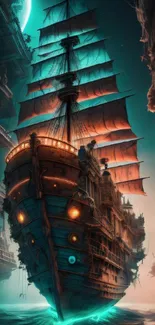 Mysterious neon-lit pirate ship sails through a moonlit cavern.