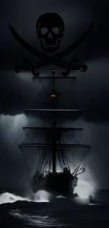 Pirate ship with skull on stormy ocean wallpaper.