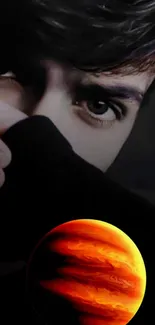 Mysterious gaze with an orange planet.