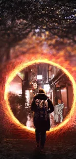 Person entering a fiery portal with a tiger.