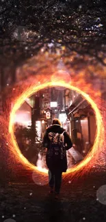 Person approaches a glowing portal in a dark forest.