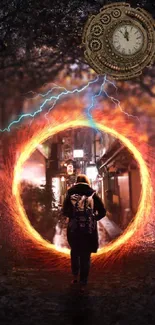 Person entering a fiery portal in a dark forest setting with a mystical ambiance.