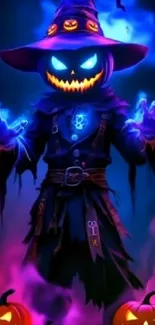 Mystical pumpkin wizard with glowing effects on Halloween-themed wallpaper.