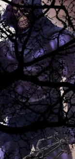 A purple-clad warrior amidst branch silhouettes in a dark, mystical setting.