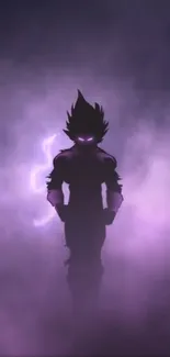 Silhouette figure in purple fog with lightning background.