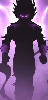 Mysterious purple silhouette with glowing eyes on a dark background.