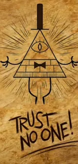 Pyramid eye sketch with 'Trust No One' text on a beige background.