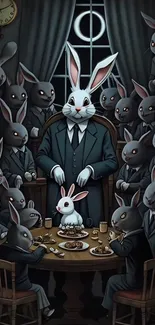 Mysterious gathering of rabbits in suits around a table.