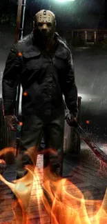 Eerie figure standing in rain on dock with bloodied weapon.