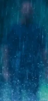 Mysterious silhouette under pouring rain with a blue hue.