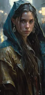 Mysterious woman in raincoat on a rainy street with urban background.