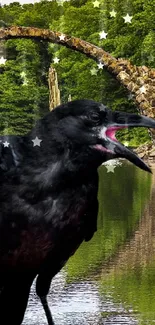 Raven on a branch by a stone bridge with lush green trees.