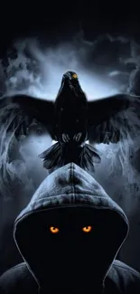 A mysterious raven on a hooded figure's head with glowing eyes, perfect for phone wallpaper.