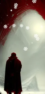 Lone figure in a red cloak under a dramatic archway, amidst misty surroundings.