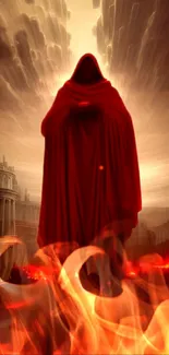 Red-cloaked figure with flames and cityscape background.