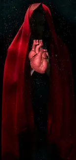 Red cloaked figure holding a detailed heart on dark background.