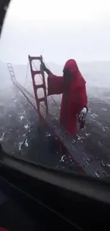 Red cloaked figure on a bridge in a surreal landscape.