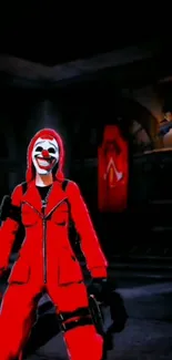 Masked character in red suit stands boldly in dark setting.