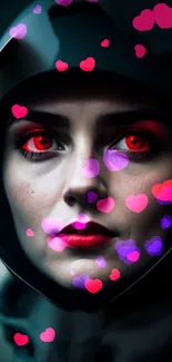 Mysterious figure with red eyes surrounded by colorful floating hearts on dark background.