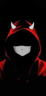 Mysterious red hooded figure with horns on a black background.