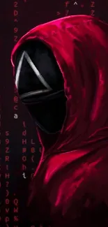 Mysterious red hooded figure with code background.