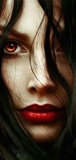 Intense red-eyed woman with dark hair and lips