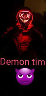 Mysterious glowing red mask in the darkness with the text 'Demon time'.