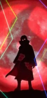 Anime silhouette with red moon and neon lines.