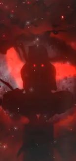 A shadowy figure with glowing eyes sits against a cosmic red backdrop.