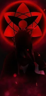 Dark silhouette with glowing red anime symbol on mobile wallpaper.