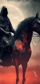 Hooded rider on fiery horse beneath the moon.