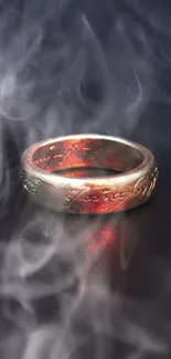 Mystical golden ring surrounded by smoke, creating a fantasy ambiance.