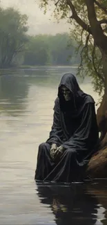 Hooded figure sitting by a calm river in a forested scene.