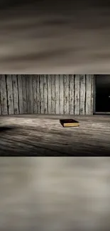 Eerie rustic room with wooden floor and a book in the center.