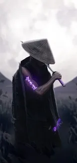 Samurai with glowing purple runes under full moon.