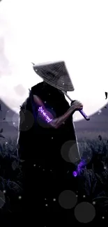 Samurai silhouette with moonlit background displaying purple glow.