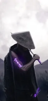 Mysterious samurai with moon in background and glowing purple elements.