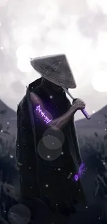 Samurai standing in moonlight with glowing symbols.