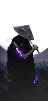 Silhouette of a samurai under a full moon with a glowing purple sword.