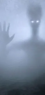 Shadowy figure with glowing eyes against a gray background, perfect for a mysterious ambience.