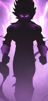 Silhouette of a figure with glowing purple aura on a mobile wallpaper.