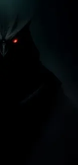 Dark figure with glowing red eyes in shadowy background wallpaper.