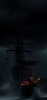 Mysterious ship sailing in a dark, stormy sea with a glowing hull.