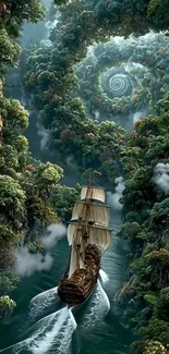 Ship sailing through a lush jungle.