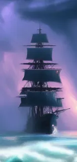 Mystical ship sailing in glowing purple waters.